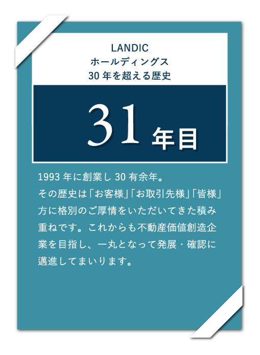 LANDICホールディングス30年を超える歴史 「1993年に創業し30有余年。その歴史は「お客様」「お取引先様」「皆様」方に格別のご厚情をいただいてきた積み重ねです。これからも不動産価値創造企業を目指し、一丸となって発展・確認に邁進してまいります。